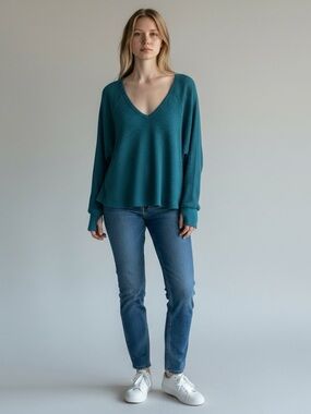 We The Free Teal V-Neck Waffle Knit Sweater